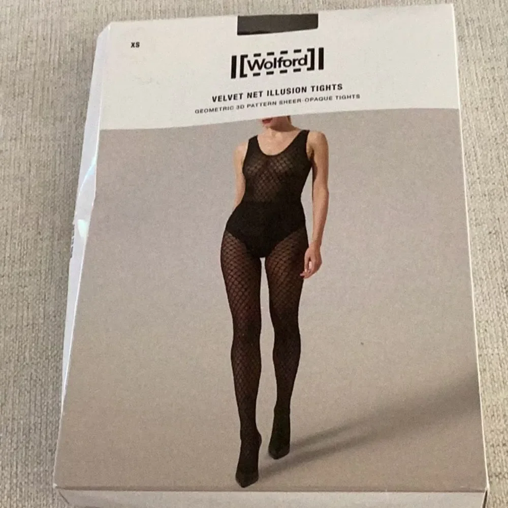 WOLFORD VELVET NET ILLUSION TIGHTS, Geometric 3D pattern, Black, XS, NWT